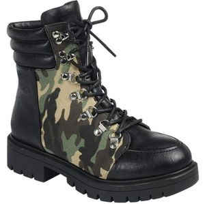 Women's lace up black camouflage combat boot.